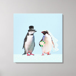 Beautiful Wedding Penguin Couple on Light Blue Canvas Print