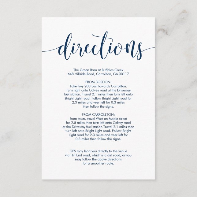 Beautiful Wedding Venue Directions, Navy Blue font Enclosure Card (Front)