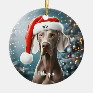 Beautiful Weimaraner with Santa Hat Christmas Ceramic Ornament