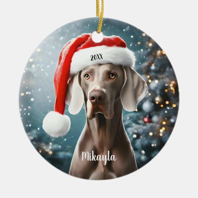 Beautiful Weimaraner with Santa Hat Christmas  Ceramic Ornament (Front)