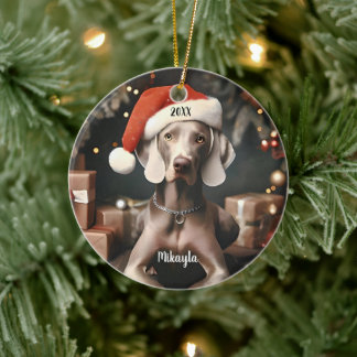 Beautiful Weimaraner with Santa Hat Christmas Ceramic Ornament
