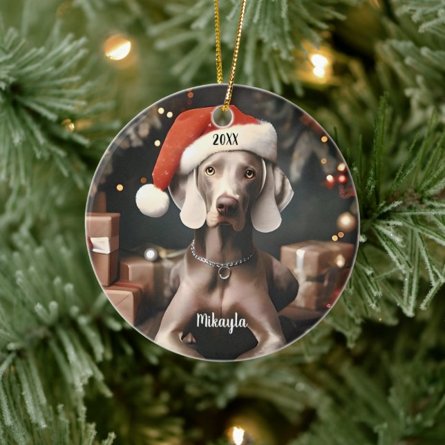 Beautiful Weimaraner with Santa Hat Christmas Ceramic Ornament (Tree)