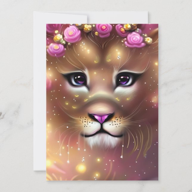 Beautiful Whimsical Fantasy Girl Lion  Holiday Card (Front)