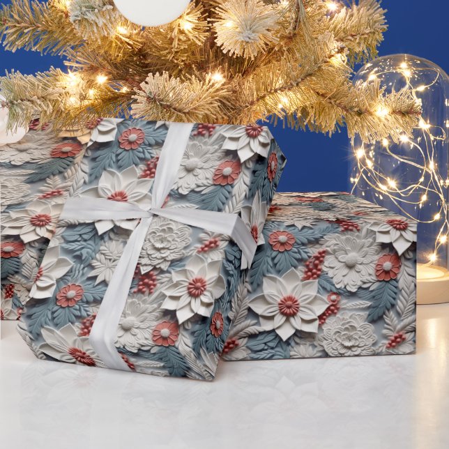 Beautiful White and Blue 3D Poinsettias Wrapping Paper (Holidays)