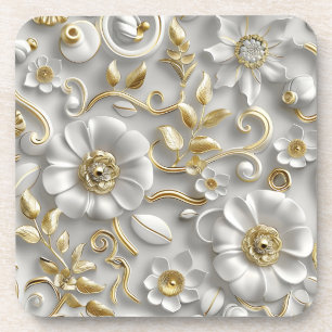 Beautiful White And Gold 3D Floral Beverage Coaster