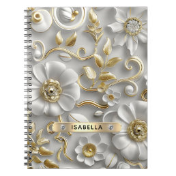Beautiful White And Gold 3D Floral Custom Name Notebook