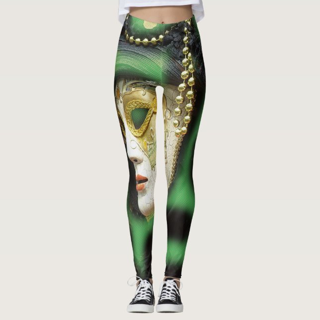 Beautiful White and Gold Mardi Gras Mask Leggings (Front)