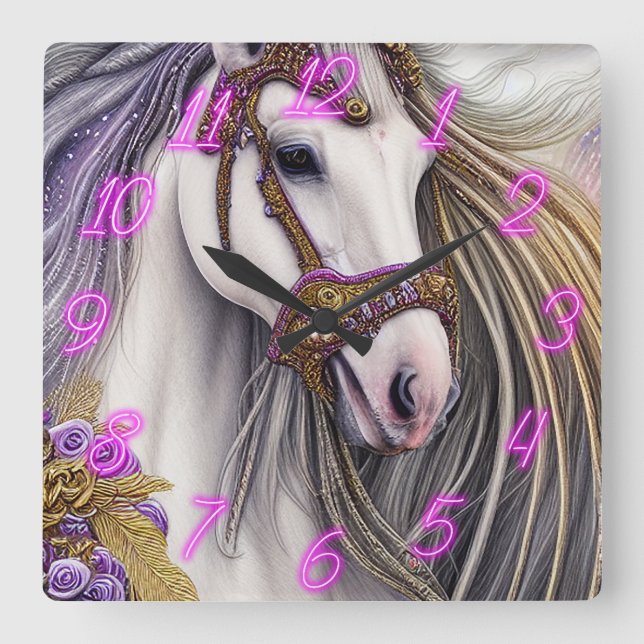 Beautiful White and Purple Horse with Neon Numbers Square Wall Clock (Front)