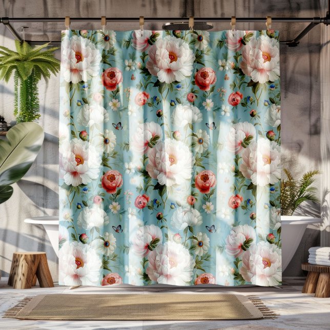 Beautiful White and Red Peonies Shower Curtain (Creator Uploaded)