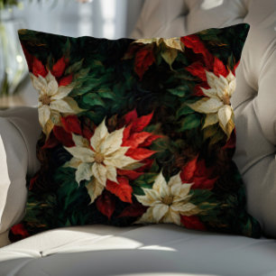 Beautiful White and Red Poinsettias Illustration Throw Pillow