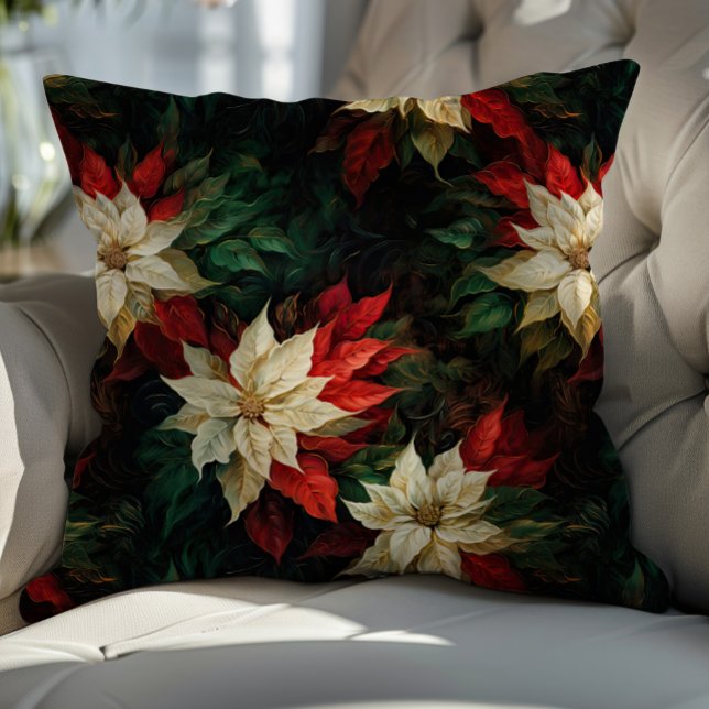Beautiful White and Red Poinsettias Illustration Throw Pillow (Creator Uploaded)