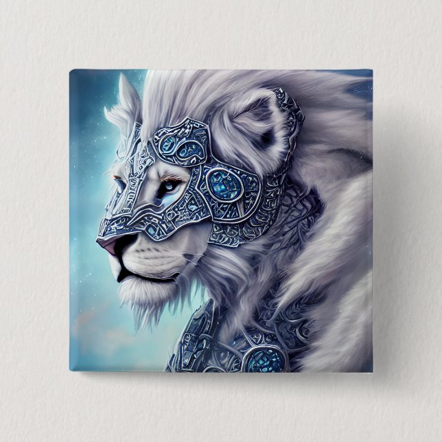 Beautiful White Armored Warrior Lion  Button (Front)