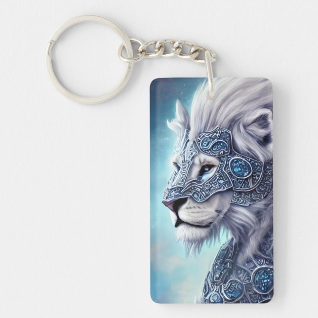 Beautiful White Armored Warrior Lion  Keychain (Front)