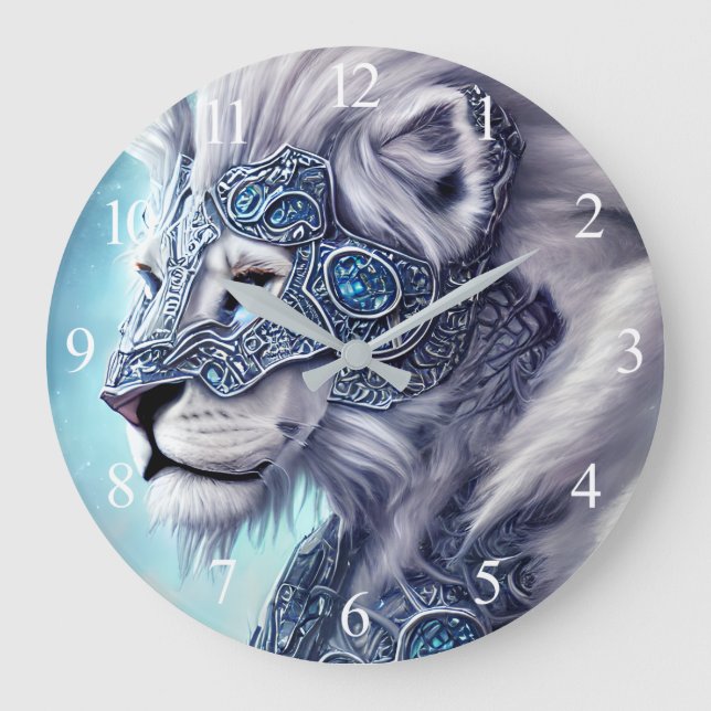 Beautiful White Armored Warrior Lion  Large Clock (Front)