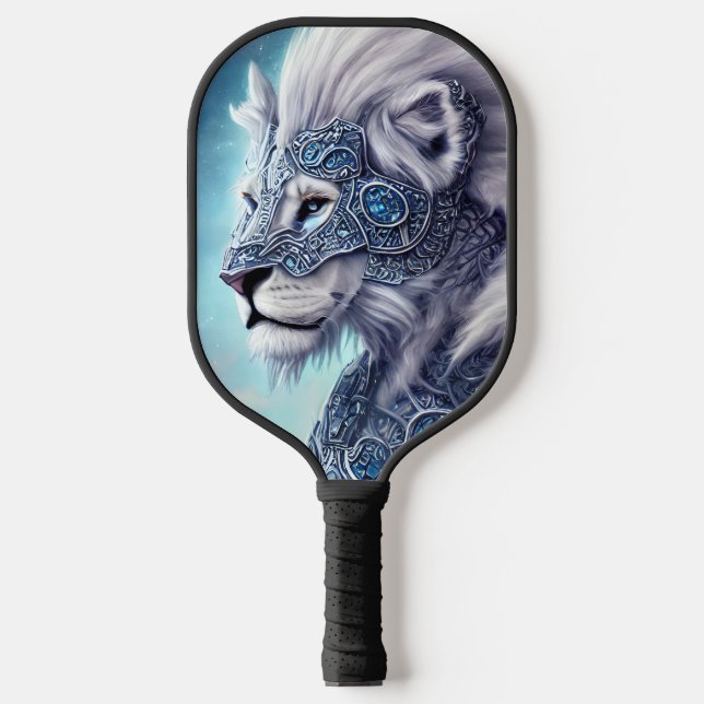 Beautiful White Armored Warrior Lion Sherpa  Pickleball Paddle (Front)
