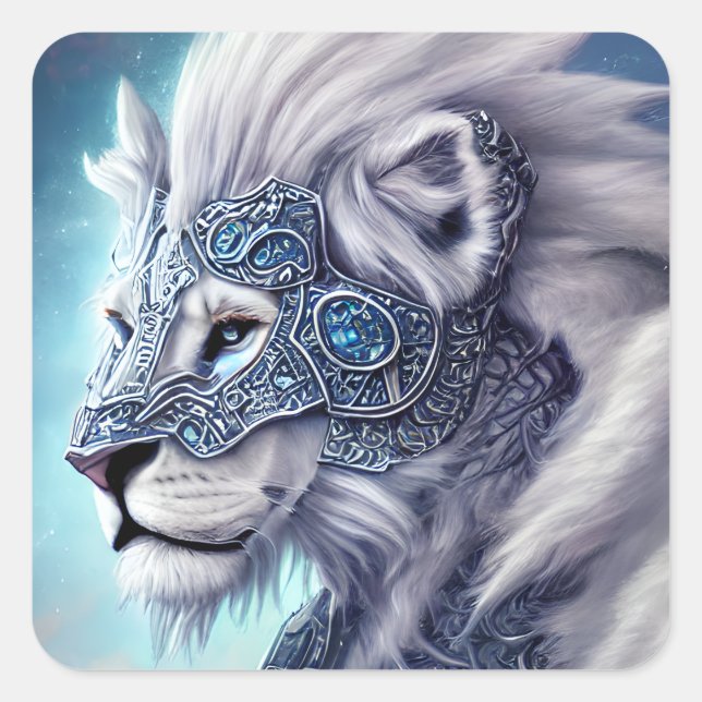Beautiful White Armored Warrior Lion  Square Sticker (Front)