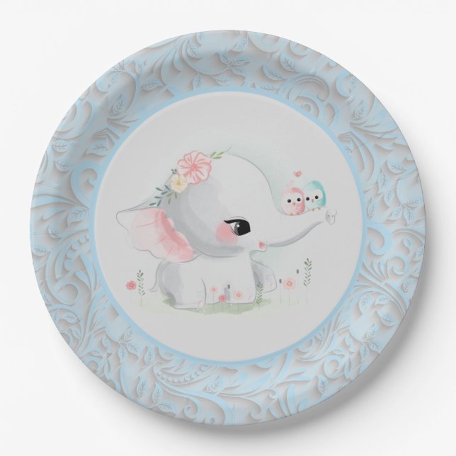Beautiful White Baby Boy Elephant Paper Plates (Front)