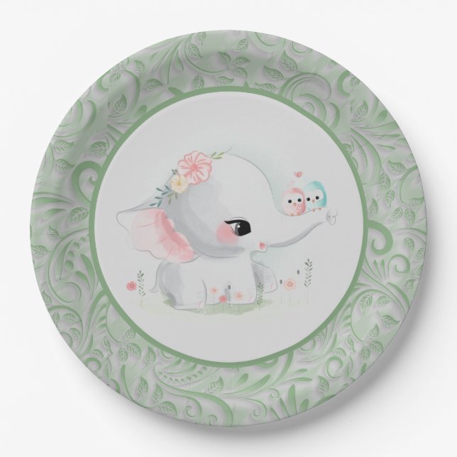Beautiful White Baby Boy or Girl Elephant Paper Plates (Front)