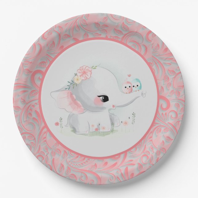 Beautiful White Baby Girl Elephant Paper Plates (Front)