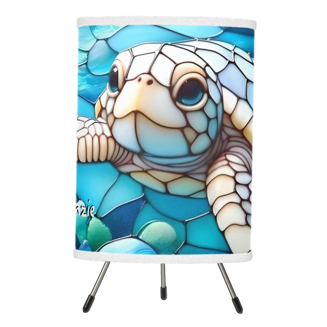 Beautiful White Baby Sea Turtle Swimming Tripod Lamp (Front)