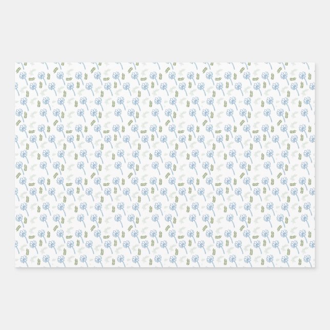 Beautiful White Blue daisies leaves pattern Wrapping Paper Sheets (Front)