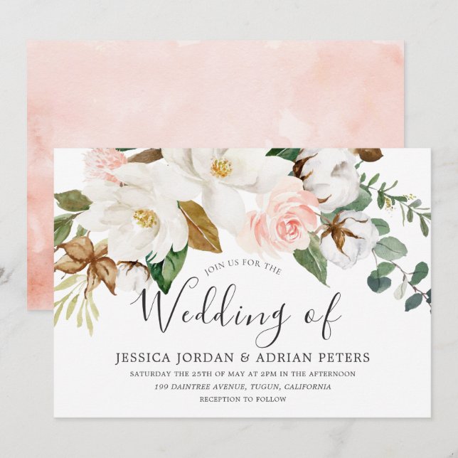 Beautiful White & Blush Floral All Seasons Wedding Invitation (Front/Back)