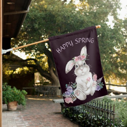 Beautiful White Bunny _ Floral Happy Spring House Flag