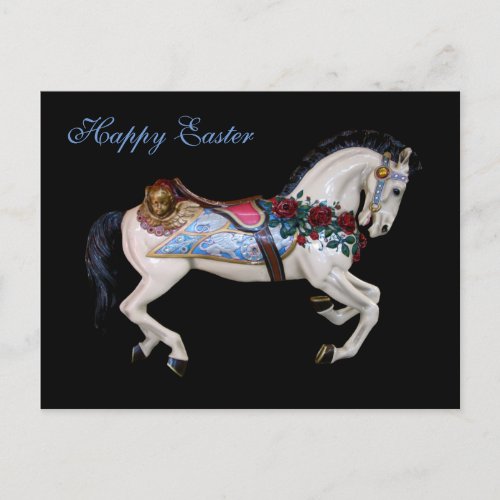 Beautiful White Carousel Horse Happy Easter Holiday Postcard