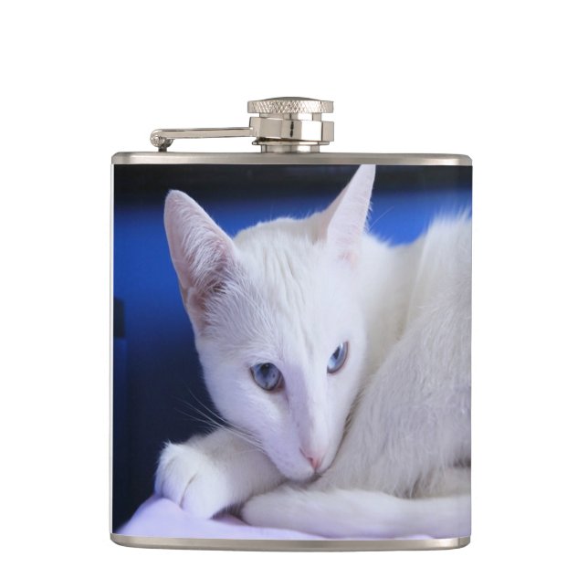 Beautiful White Cat/Add Your Pet's Photo Flask (Front)