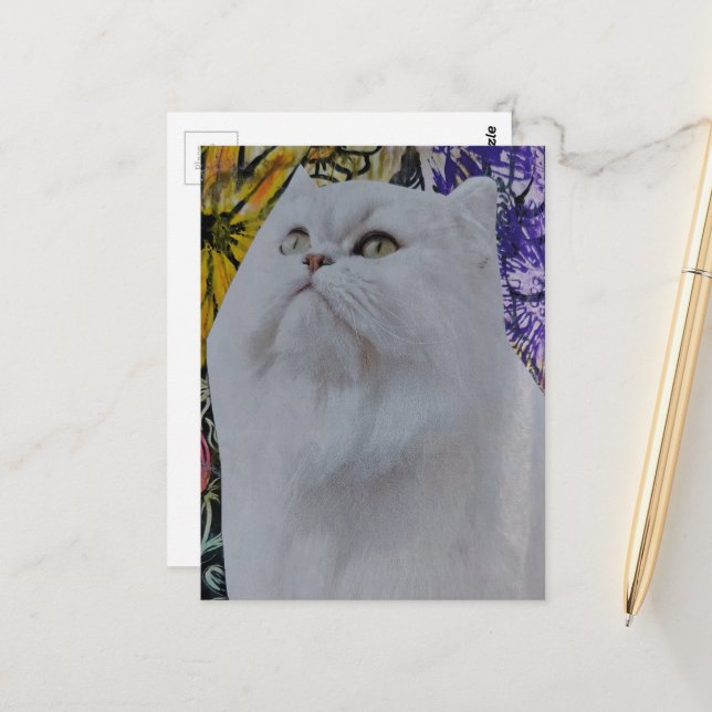 Beautiful White Cat in Flowers collage Postcard (Front/Back In Situ)