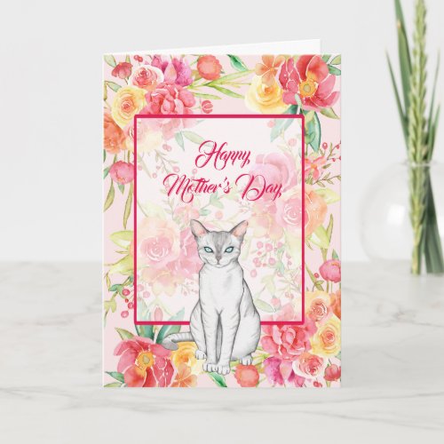 Beautiful White Cat with Watercolor Flowers Card