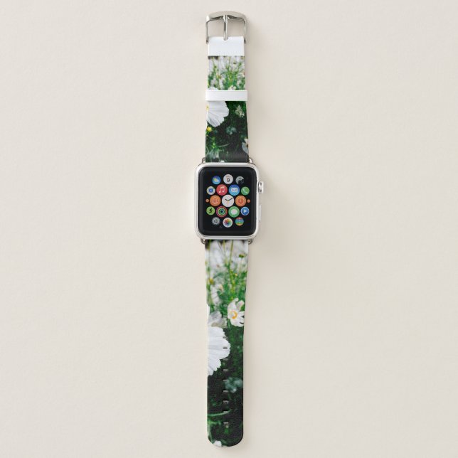 Beautiful white cosmos flowers blooming in gardena apple watch band (Front)