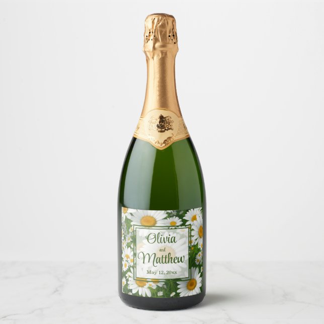 Beautiful white daisies white floral gardens sparkling wine label (Front)