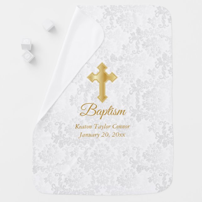 Beautiful White Damask Baptism Baby Blanket (In Situ)