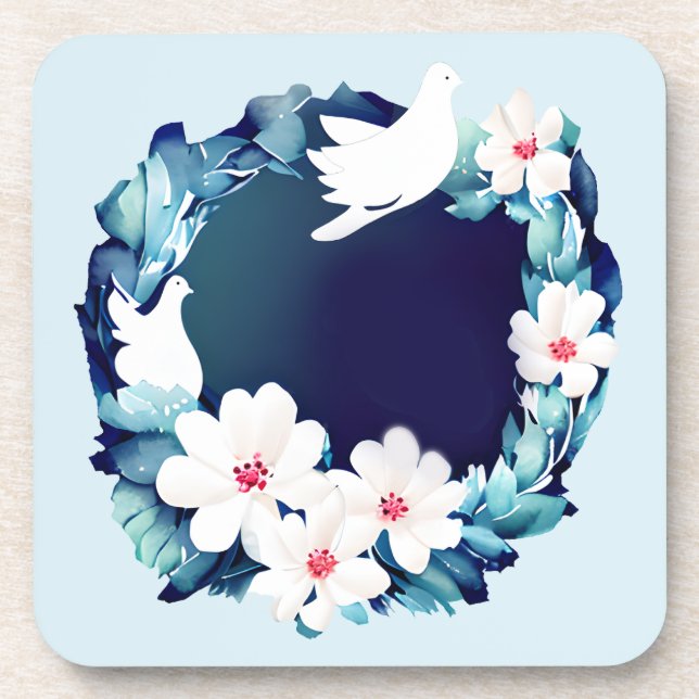 Beautiful White Doves Floral Wreath Beverage Coaster (Front)