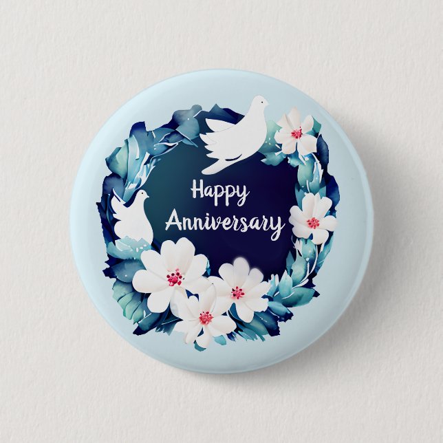 Beautiful White Doves Floral Wreath Button (Front)