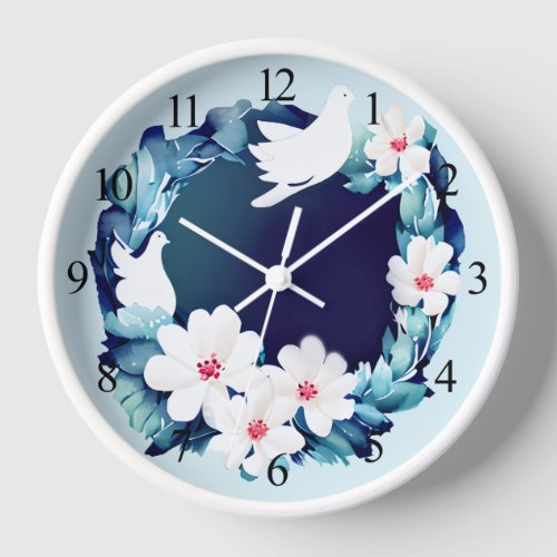 Beautiful White Doves Floral Wreath Clock