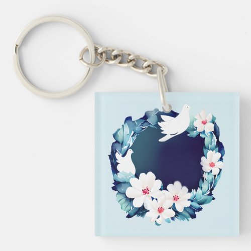 Beautiful White Doves Floral Wreath Keychain