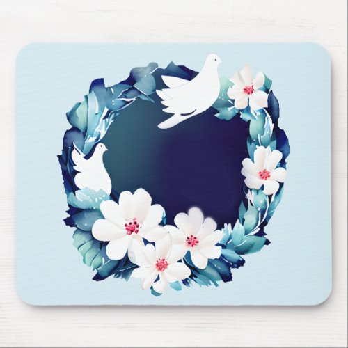 Beautiful White Doves Floral Wreath Mouse Pad