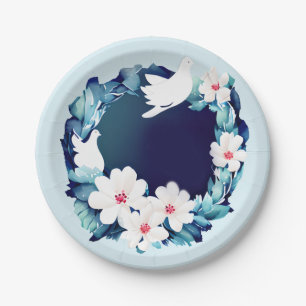 Beautiful White Doves Floral Wreath Paper Plates