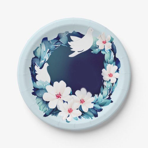 Beautiful White Doves Floral Wreath Paper Plates