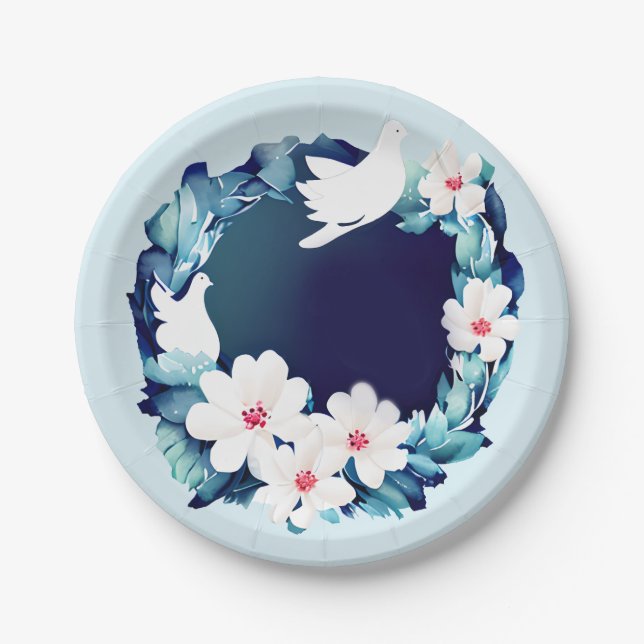 Beautiful White Doves Floral Wreath Paper Plates (Front)