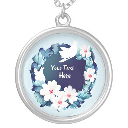 Beautiful White Doves Floral Wreath Silver Plated Necklace