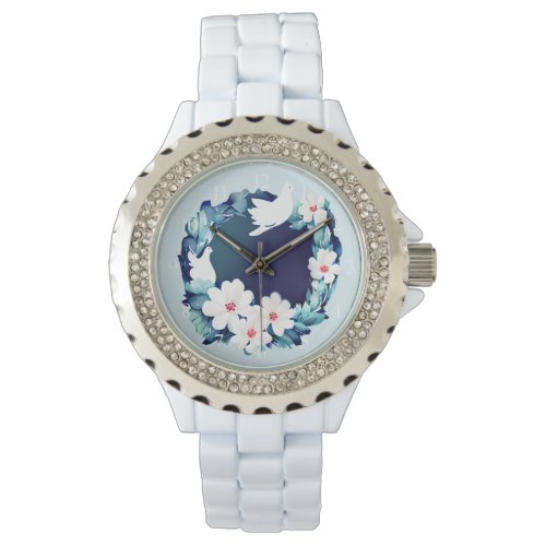 Beautiful White Doves Floral Wreath Watch