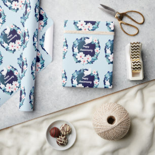 Beautiful White Doves Floral Wreath Wrapping Paper