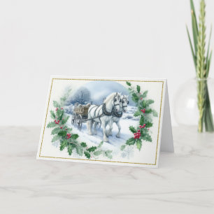 Beautiful White Draft Horses Pulling Wagon Holiday Card