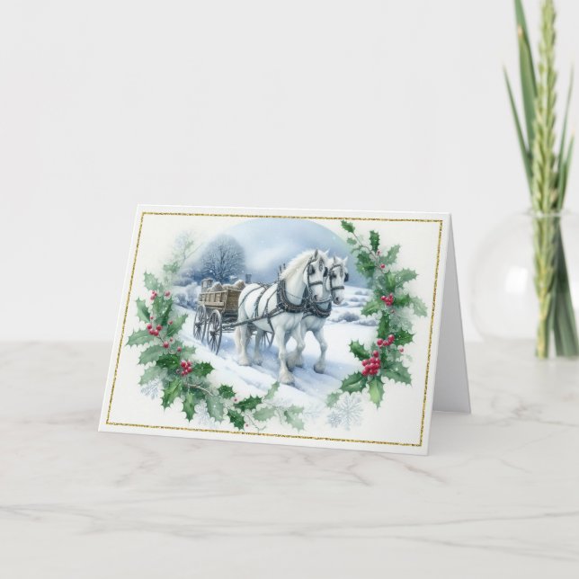 Beautiful White Draft Horses Pulling Wagon Holiday Card (Front)