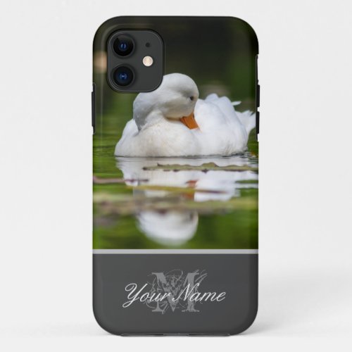 Beautiful white duck swimming on garden pond iPhone 11 case