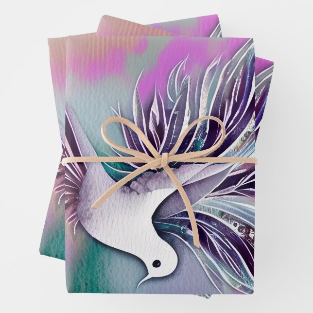 Beautiful White Ethereal Watercolor Dove Wrapping Paper Sheets (In situ)