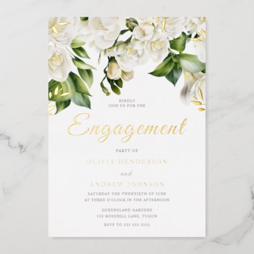 Beautiful White Floral Engagement Party Gold Foil Invitation